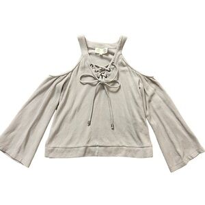 J.O.A. Sweater Cold Shoulder Lace-up Bell Sleeves in Light Gray XS